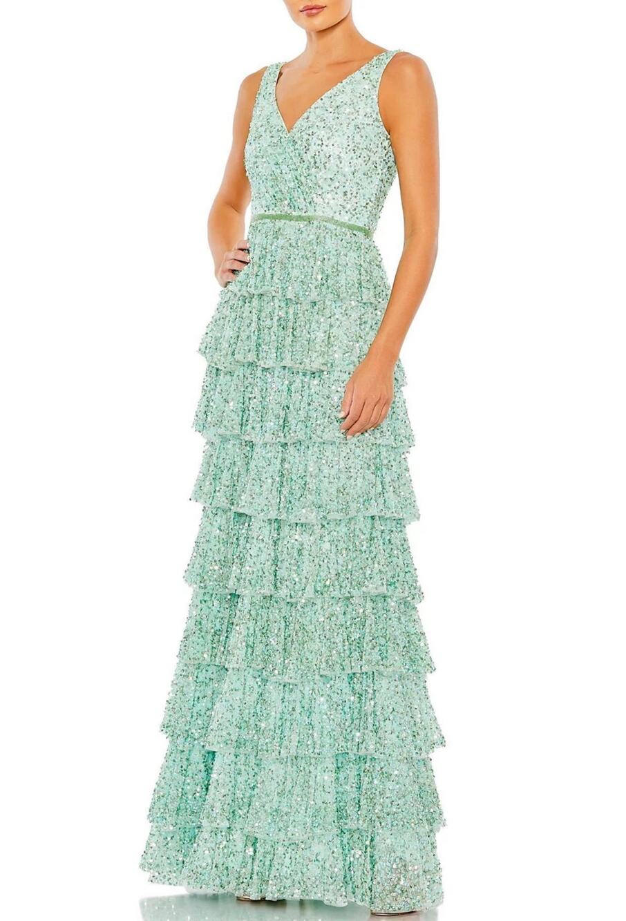 Mac Duggal 5627 Green Evening Gown Sequined Ruffled A-Line Formal Dress Size 10